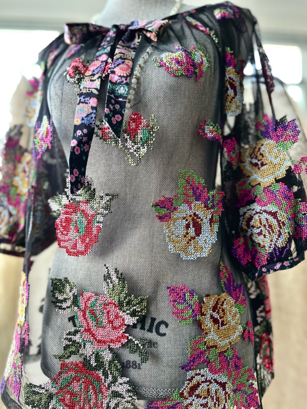 Anna Sui Sheer Black Floral Beaded Blouse with Ribbon Tie - Picture 9 of 15
